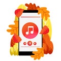 Mobile phone with autumn music. Autumn with colorful leaves.